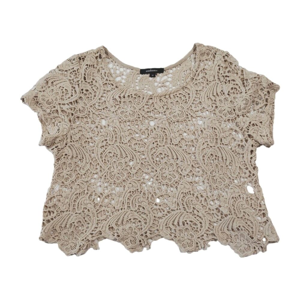Ambiance Beige Crochet Top M Short Sleeve Open Knit Boxy Scalloped Hem